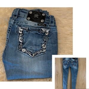 Miss Me Embroidered Skinny Destroyed Blue Jeans